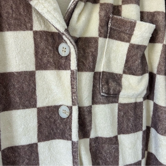 ONA Cream Brown Checkered Terry Oversized Button Down Short Sleeve Top M - Picture 6 of 10